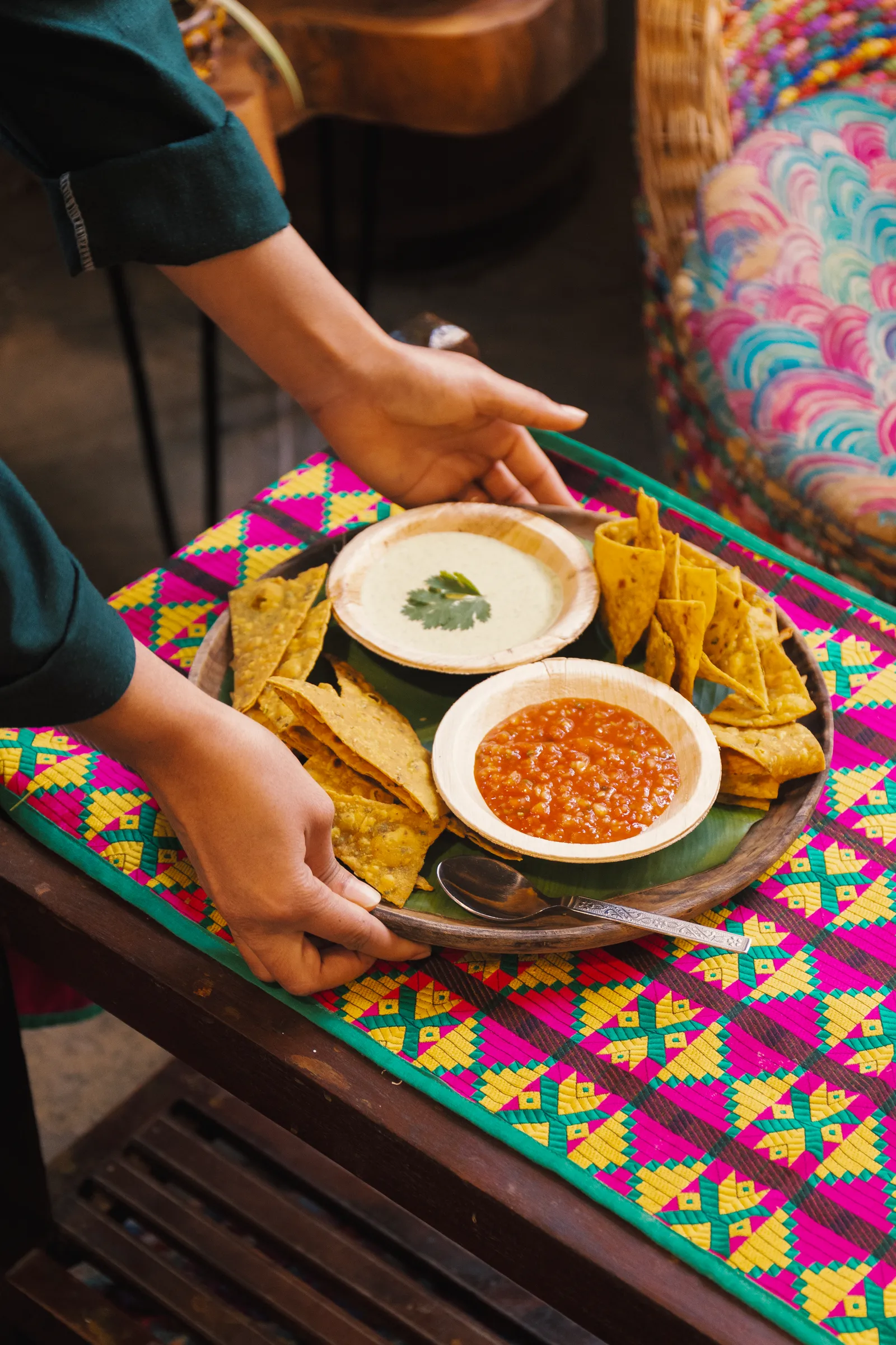Nachos and dips, fresh off the pass